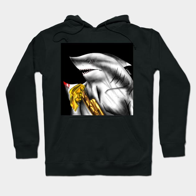 shark kingdom ecopop in golden suit art Hoodie by jorge_lebeau